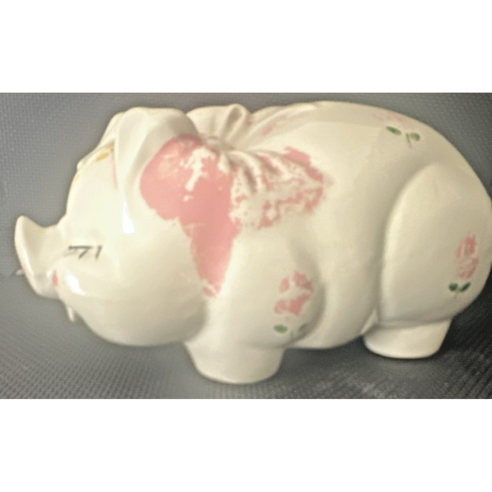 Vintage Ceramic Piggy Bank White with Pink Floral Accents 8". NO stopper 1960's